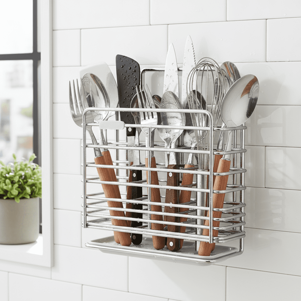 Utensil Holder Kitchen Organizer Cutlery Rack Stainless Steel Three Compartments for Home Wall Mount Storage Drying