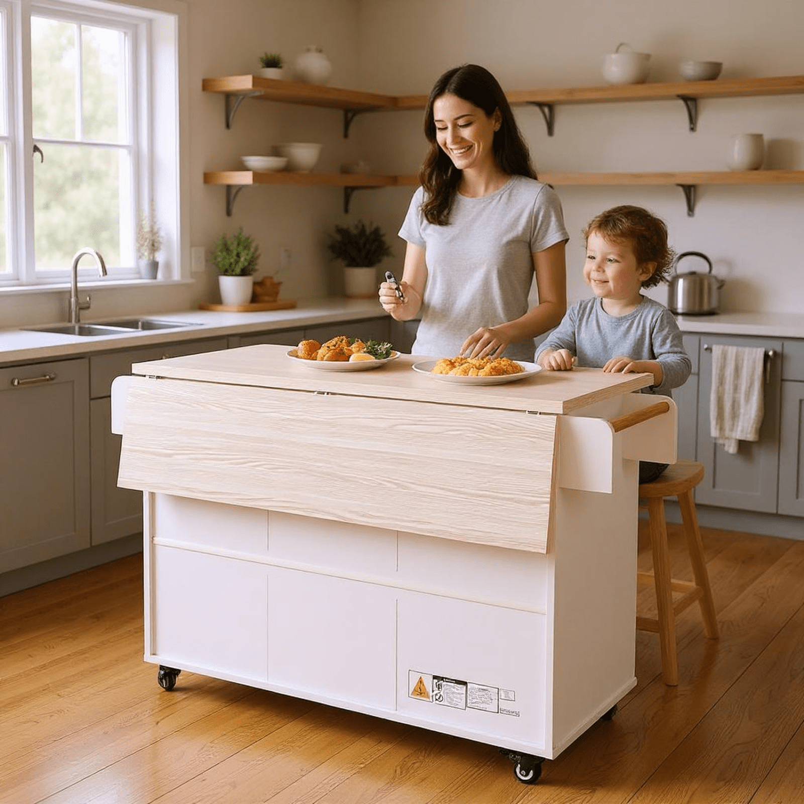 Homy Casa Kitchen Island Cart with Drop Leaf, Tilt-Out Trash Cabinet, Storage Shelves & Drawers, White