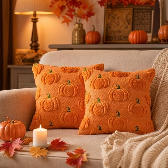 Halloween Throw Pillow Covers 18x18 Inch, Pumpkin Decorative Square Pillowcases, Farmhouse Holiday Cushion Covers for Sofa Living Room Home Fall Halloween Thanksgiving Decor