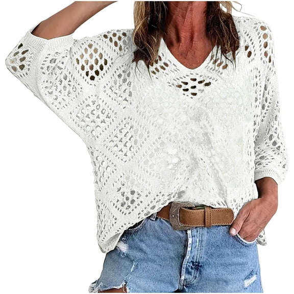 fatyb Womens Crochet Tops Short Sleeve Casual V Neck Cover up Hollow out Pullover Summer Sweater Shirts