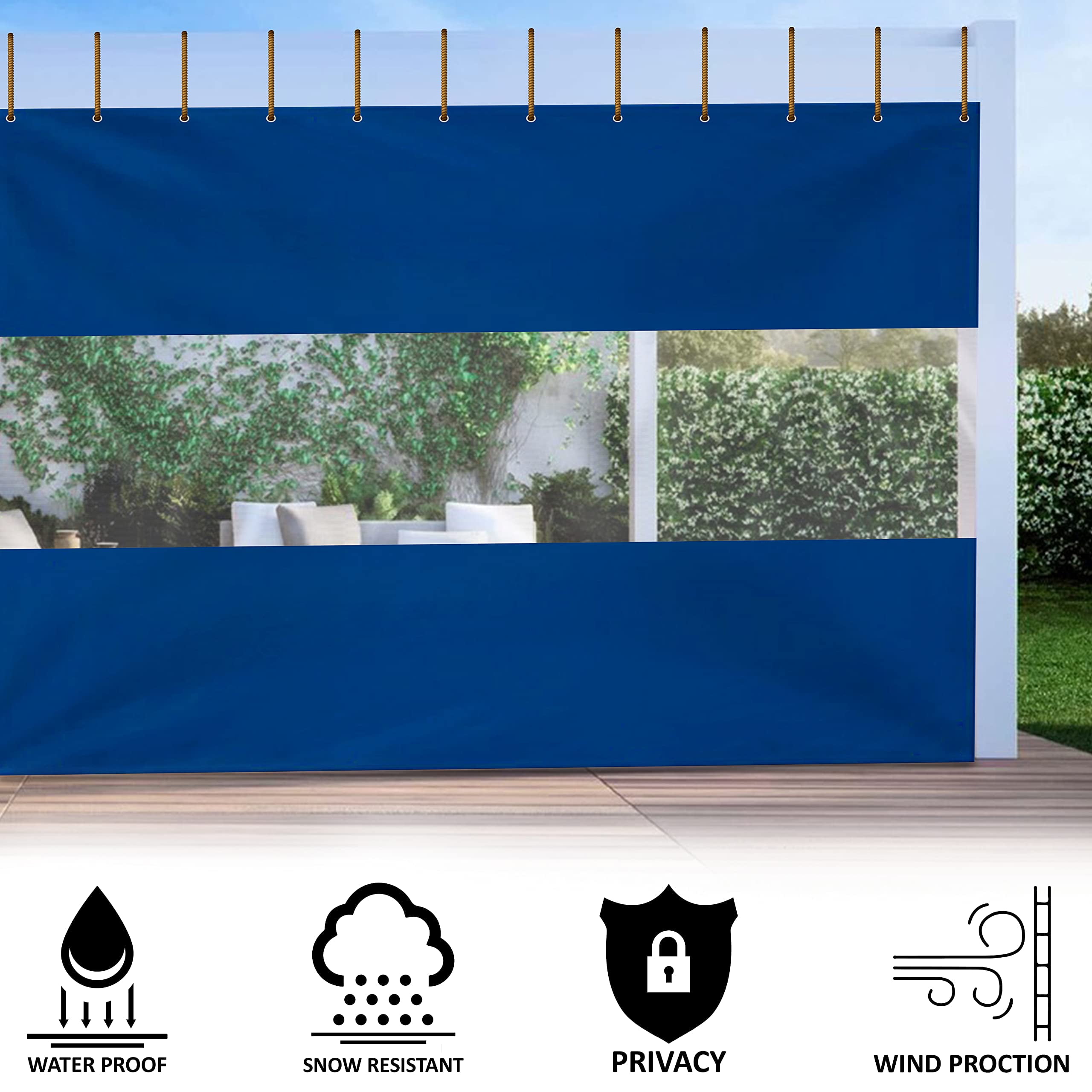 Covers & All Outdoor Curtains for Patio Waterproof, 18 oz PVC Polyester Tear and UV Resistant Clear Panel Curtain Featuring Rust-Free Grommets, Ideal for Patios, and Pergolas (9H x 15W feet, Blue)