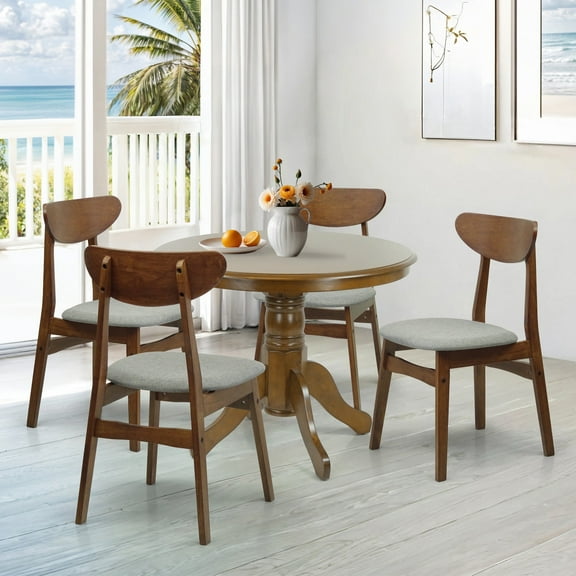 5 Piece Dining Table Set, 2 Solid Wood Yumiko Chairs w Rolf Round Dining Table, Kitchen Set for Two, Dining Room Set, Medium Brown Color