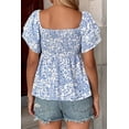 thumbnail image 6 of TinyCribz Sky Blue Floral Smocked Top for Women – Ruffled Short Sleeve Square Neck Summer Peplum Blouse XL, 6 of 9