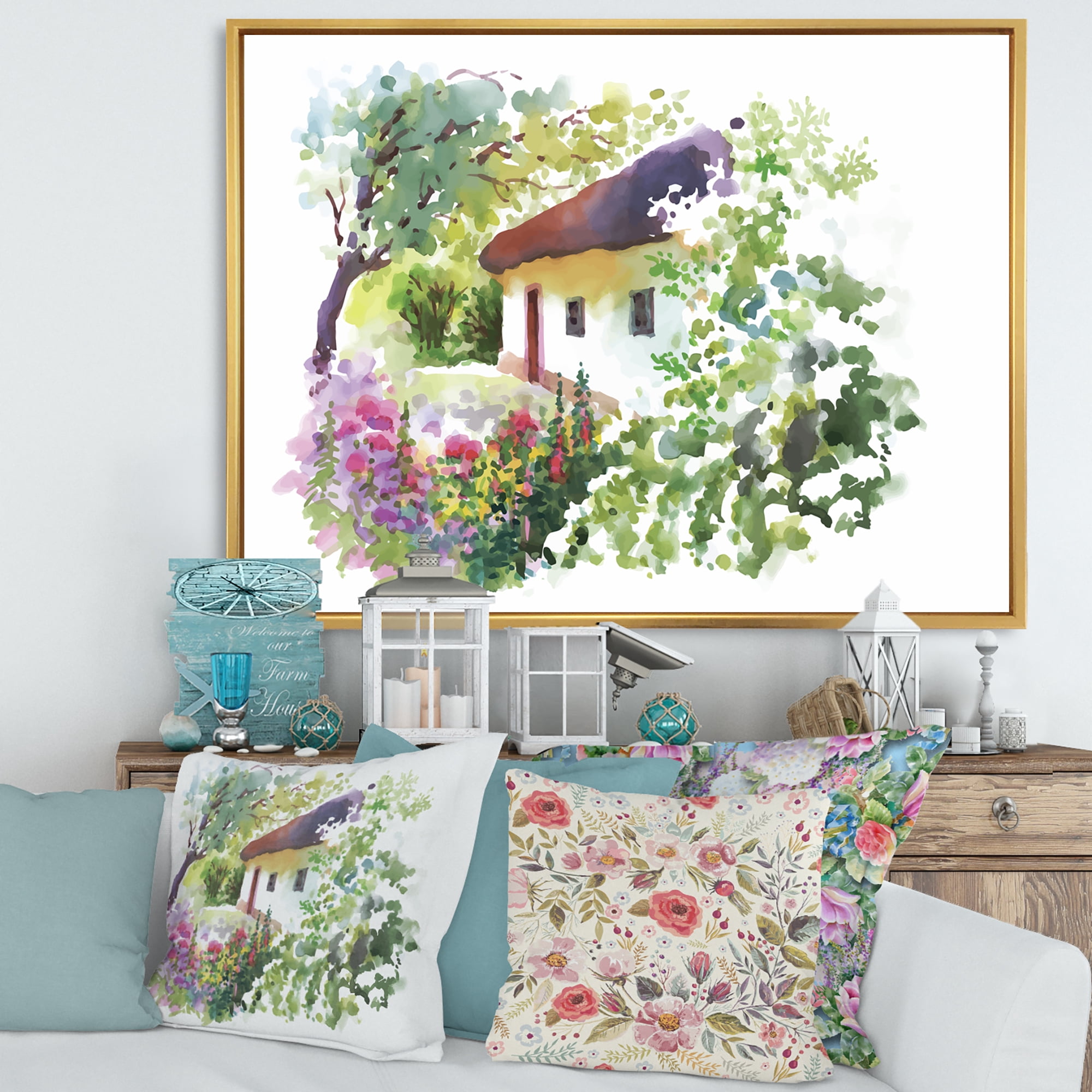 Designart 'Rural Village House On A Green Summer Day' Traditional Framed Canvas Wall Art Print