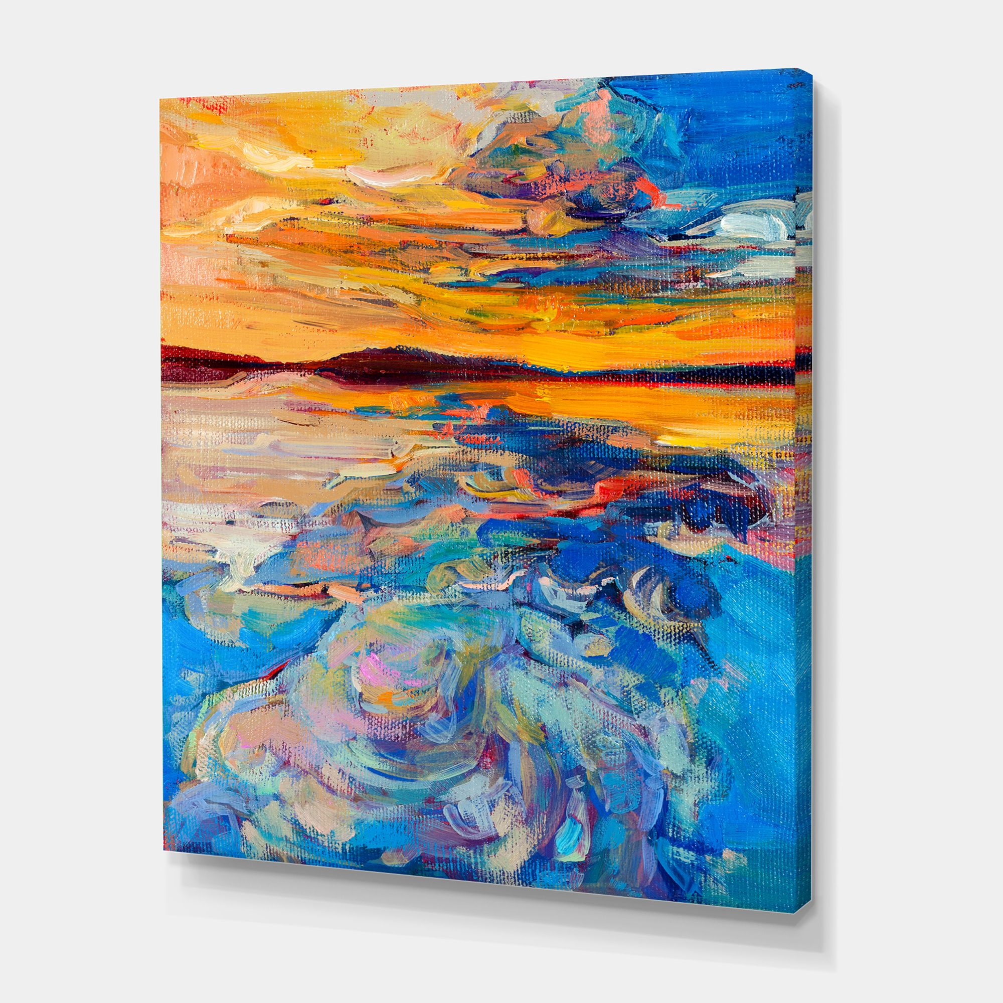 Designart ' Whirly Blue Waves Under Orange Sunset ' Nautical & Coastal Canvas Wall Art Print