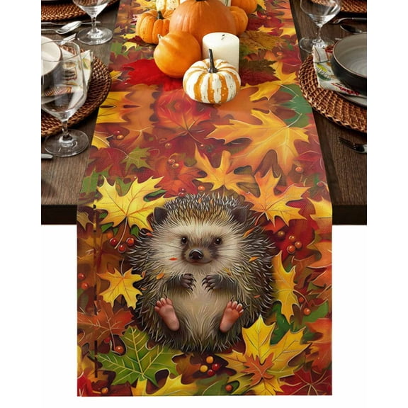 Autumn Maple Leaf Table Runner-Cotton Linen- 36 Inch Holiday Dresser Scarves, Orange Red Yellow Leaves Berry Animal Tablerunner for Kitchen Coffee/Dining Bedroom Living Room Dinner Scarf Décor 13x36