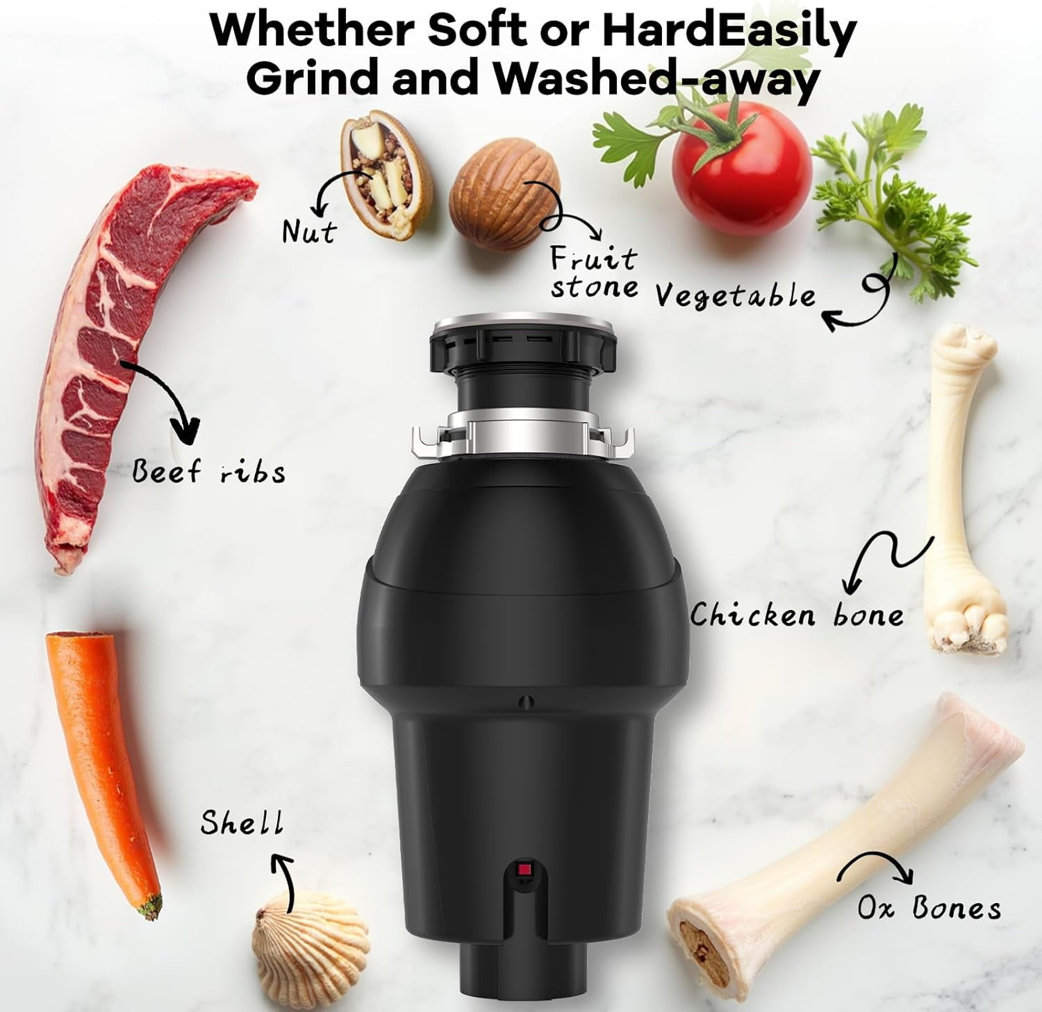 Garvee 3/4 HP Garbage Disposal with Air Switch, 4-Stage Grinding, 3500 RPM, Quiet Food Waste Disposer, Stainless Steel & ABS, for Kitchen, Matte Black