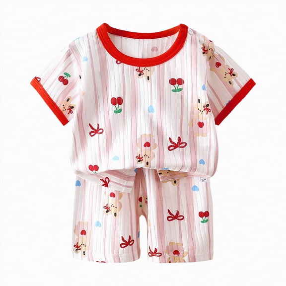 TOWED22 Kids Girls Boys Toddler 2 Piece Trendy Print Short Sleeve Crewneck Shirt Top Elastic Waist Shorts Set Pockets Outfit(Pink,18-24 M)