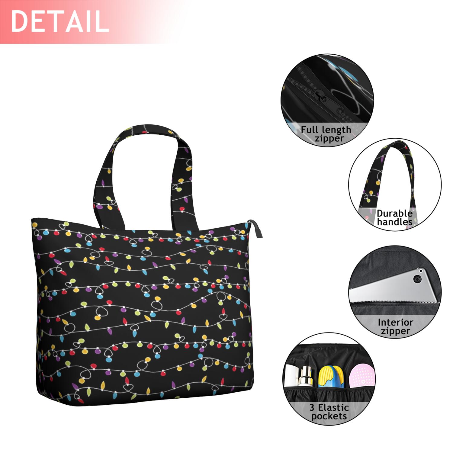 Multicolor Christmas Light Pattern Travel Tote Bags for Women Carry On,Large Weekender Bags for Women Travel,Multi Functional Duffle Bag for Work,Shopping,Sports