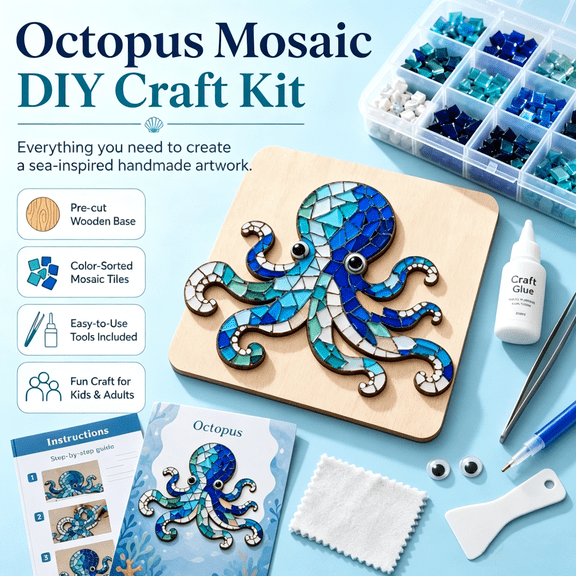 2D Octopus Mosaic DIY Kit, 5.51 in Blue Ocean Design, Handmade Craft Wall Decor for Home Decoration