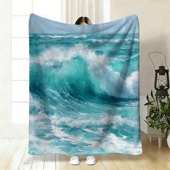 1pc Turquoise Turquoise Blue Ocean Waves Flannel Blanket - Turquoise Green/White/Golden Seafoam Throw for Bed, Sofa, Camping, Travel - All-Season Soft Warm Bedspread, Cozy Home Decor Gift.