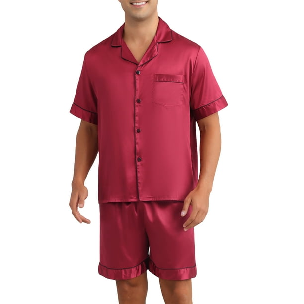 INSPIRAR CHIC Pijama de Satén para Hombre de Manga Corta, Conjunto de Pijamas de Verano de 2 Piezas, Talla 2XL, Rojo
