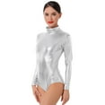 thumbnail image 6 of IBTOM CASTLE Women's Dance Ballet Leotards Long Sleeve Metalic Shiny Leather Turtleneck Gymnastics One Piece Lycra Bodysuits Dancewear M Silver, 6 of 8