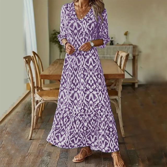 EGNMCR Robes de Fête pour Femmes Mode Robe Décontractée de Printemps et d'Été pour Femmes à Col en V avec Boutons, Manches Trois-Quarts, Imprimée
