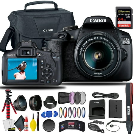 Canon EOS 2000D / Rebel T7 DSLR Camera With 18-55mm Lens + Sandisk Extreme Pro 64GB Card + Creative Filters + EOS Camera Bag + Cleaning Set, + More (International Model)