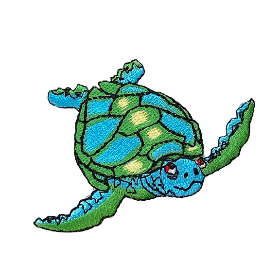 Sea Turtle, Blue & Green, Facing Right, Embroidered, Iron-on Patch