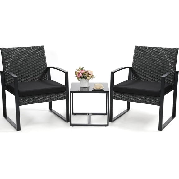 3 Piece Wicker Patio Bistro Set, Rattan Conversation Set with Coffee Table, for Balcony, Porch, Garden, Yard, Poolside, Black Frame with Black Cushion