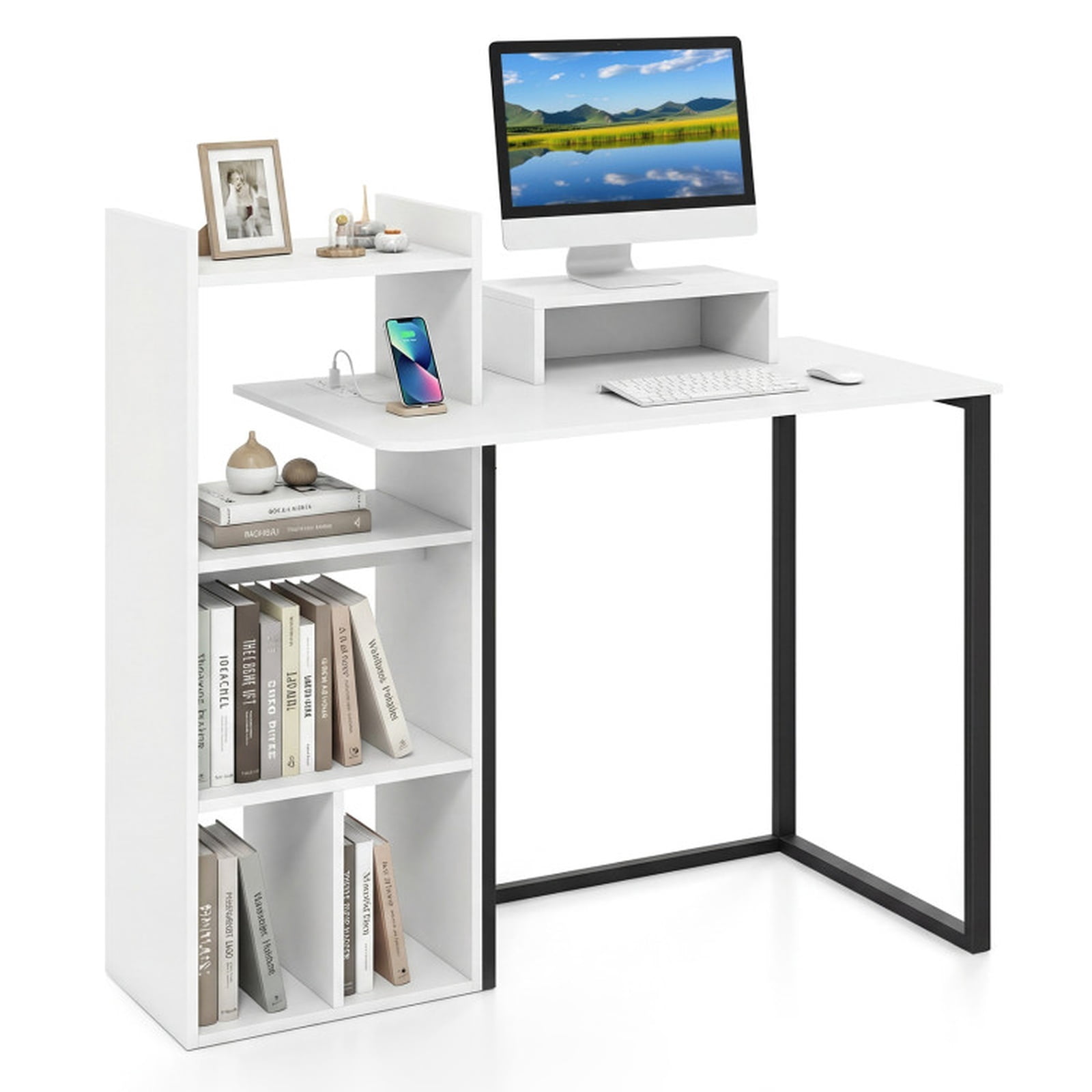 Furnibear 43.5" Computer Desk with Charging Station, Home Office Desk with Ergonomic Monitor Stand and Open Shelves for Bedroom Study, White