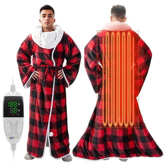 Wearable Electric Heating Blanket with Waistband and Sleeves - VECUKTY Cozy Plaid Heated Throw with 6 Heat Levels and Timer Settings - 50 x 70 inch,Red
