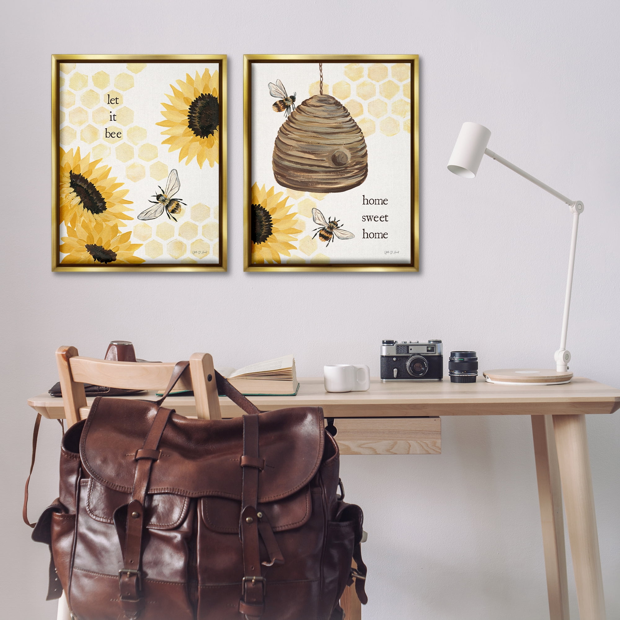 Stupell Industries Sunflower Let it Bee Skep Animals Painting Gold Floater Framed Canvas Art Print Wall Art, 31 x 25, Set of 2
