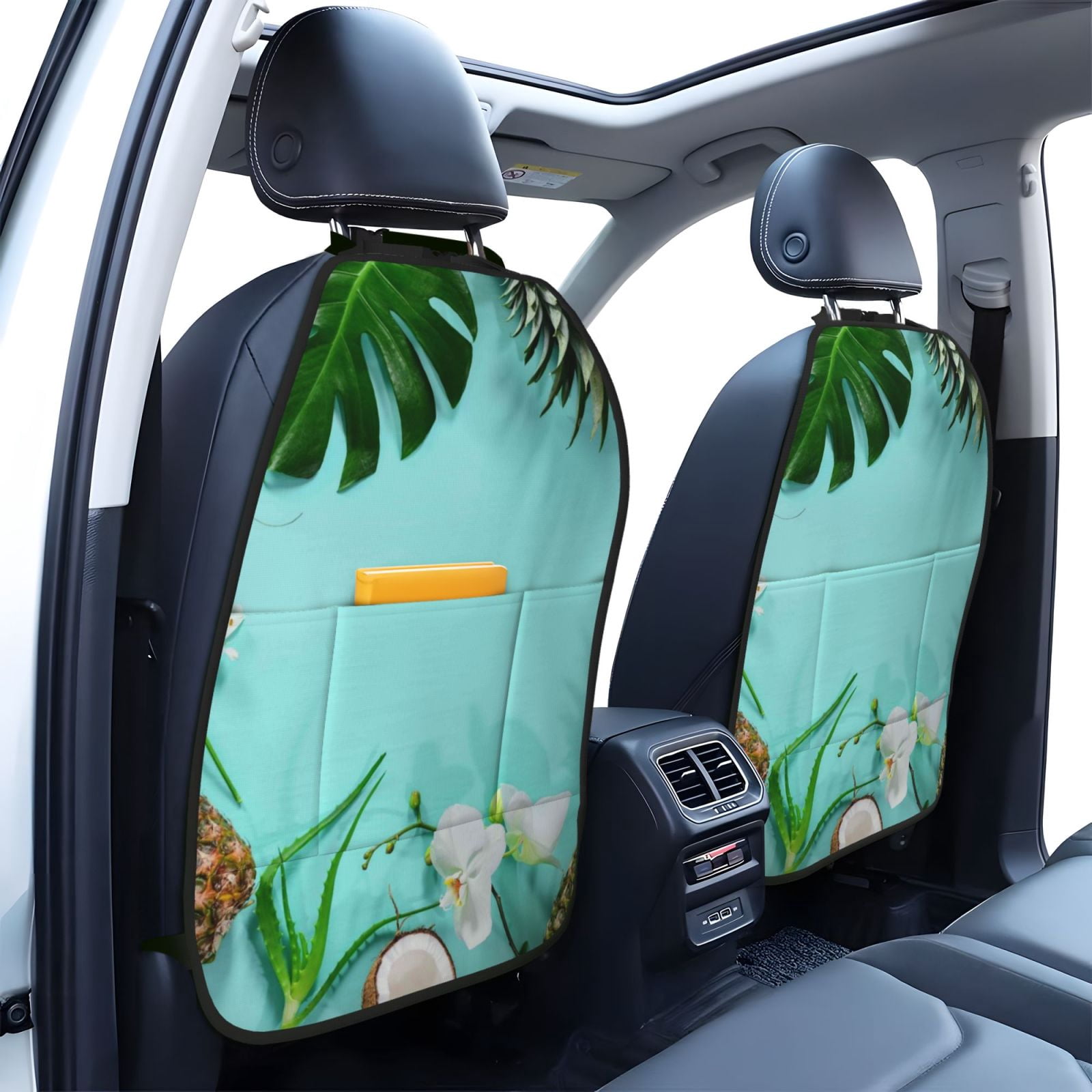 Xecao Tropical Pineapple Pattern Car Seat Back Protector 2 Pack Large Capacity Pocket, Kick Mats Back Seat Protector
