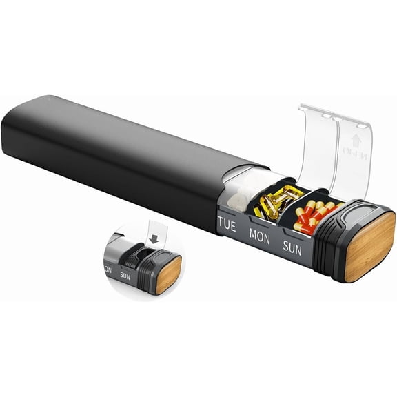 Metal Weekly Pill Organizer,  Aluminum Daily Pill Box(Spare Gasket Provided),7 Day Pill Case Travel Medicine Organizer,Pill Containers with Individual Lid for Vitamins,Pills, Supplement-Black