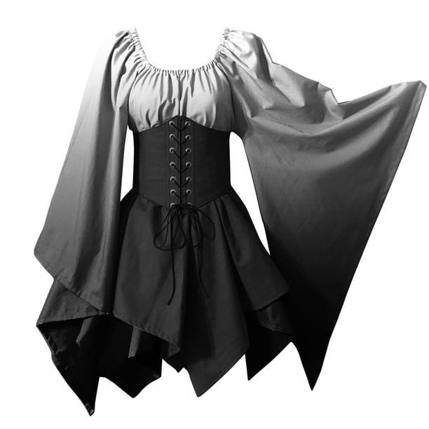 Vestido medieval de mujer con mangas acampanadas y corsé - Traje gótico retro para cosplay, poliéster, color liso, lavado a mano, tallas reales