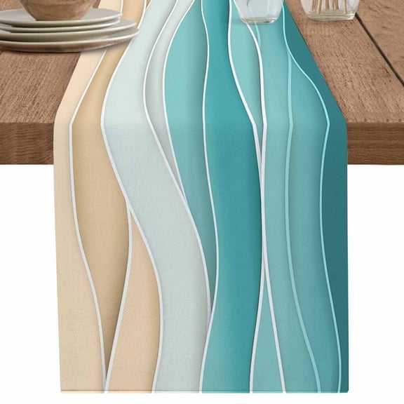 nqOlkjepod Turquoise Table Runner 72 Inches Long Farmhouse Dress Scarves, Ocean Wave Stripes Modern Abstract Beach Dining Tablerunner for Coffee Table/Kitchen Island/Party Décor, 16" x 72"