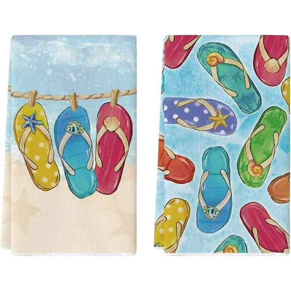 Flip-Flops Seaside Beach Summer Kitchen Towels Dish Towels, 18x26 Inch Farmhouse Summer Seasonal Decoration Hand Towels Set of 2