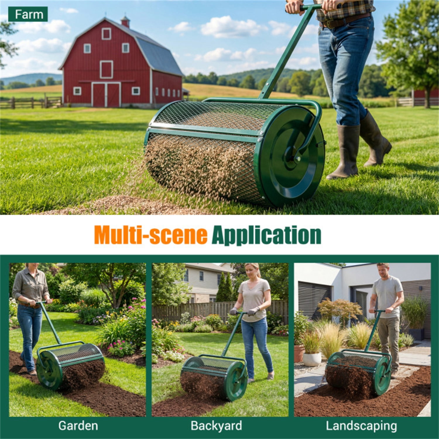 27"×16" Lawn Fertilizer Spreader with Diamond Mesh Clump-Free Garden Compost Spreader