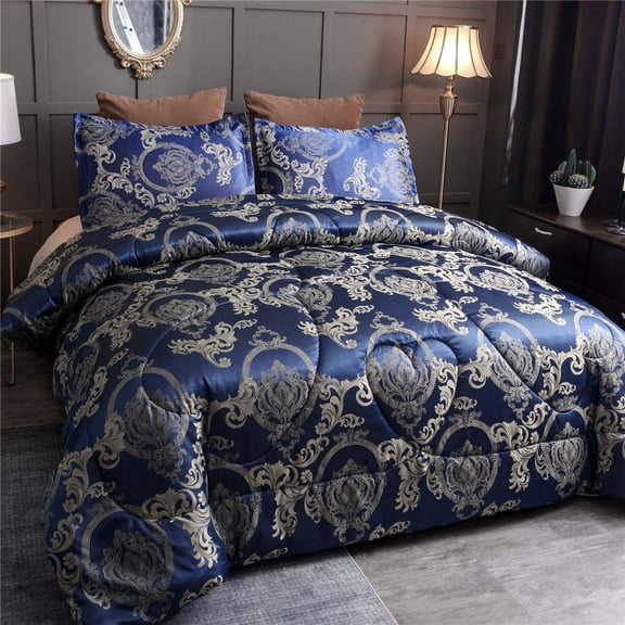 Comforter Set Satin Silk Blanket All Season Bed Luxury Royal Blue Jacquard Quilt Bedding Sets Matching 2 Pillow Shams (Full/Queen, 88x88 inches, 3 Pieces)