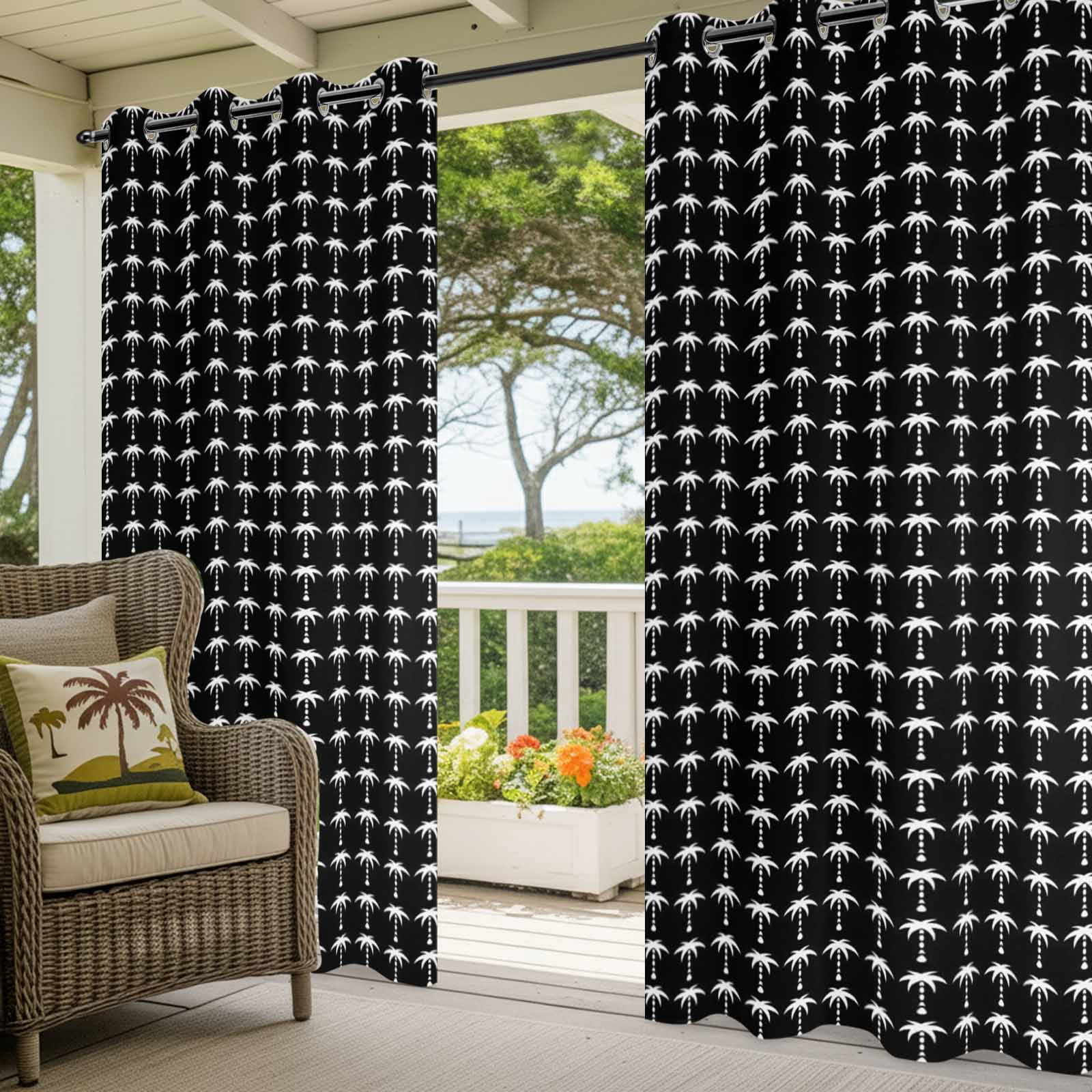 Palm Trees Outdoor Curtains for Patio, Summer Vintage Nautical Coastal Beach Ocean Black Tree Sunshade Privacy Drapes Grommet Waterproof Outside Curtains for Porch/Cabana/Balcony 54"x 108", 1 Panel