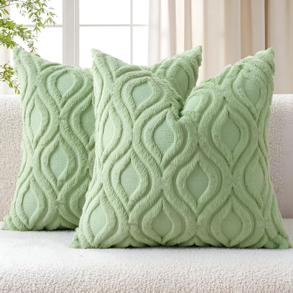 AUQ Spring Sage Green Throw Pillow Covers 18X18 Inch,Soft Plush Faux Wool Couch Pillow Covers Set of 2 Decorative Farmhouse Boho Throw Pillows for Sofa Living Room Bed