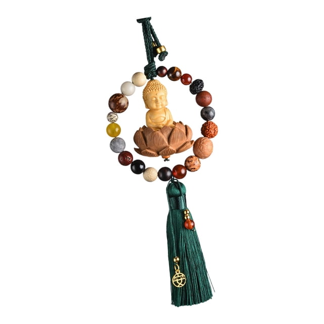 Estatua de Buda para espejo retrovisor de coche, colgante, accesorios para automóviles, regalo, vista trasera borla verde