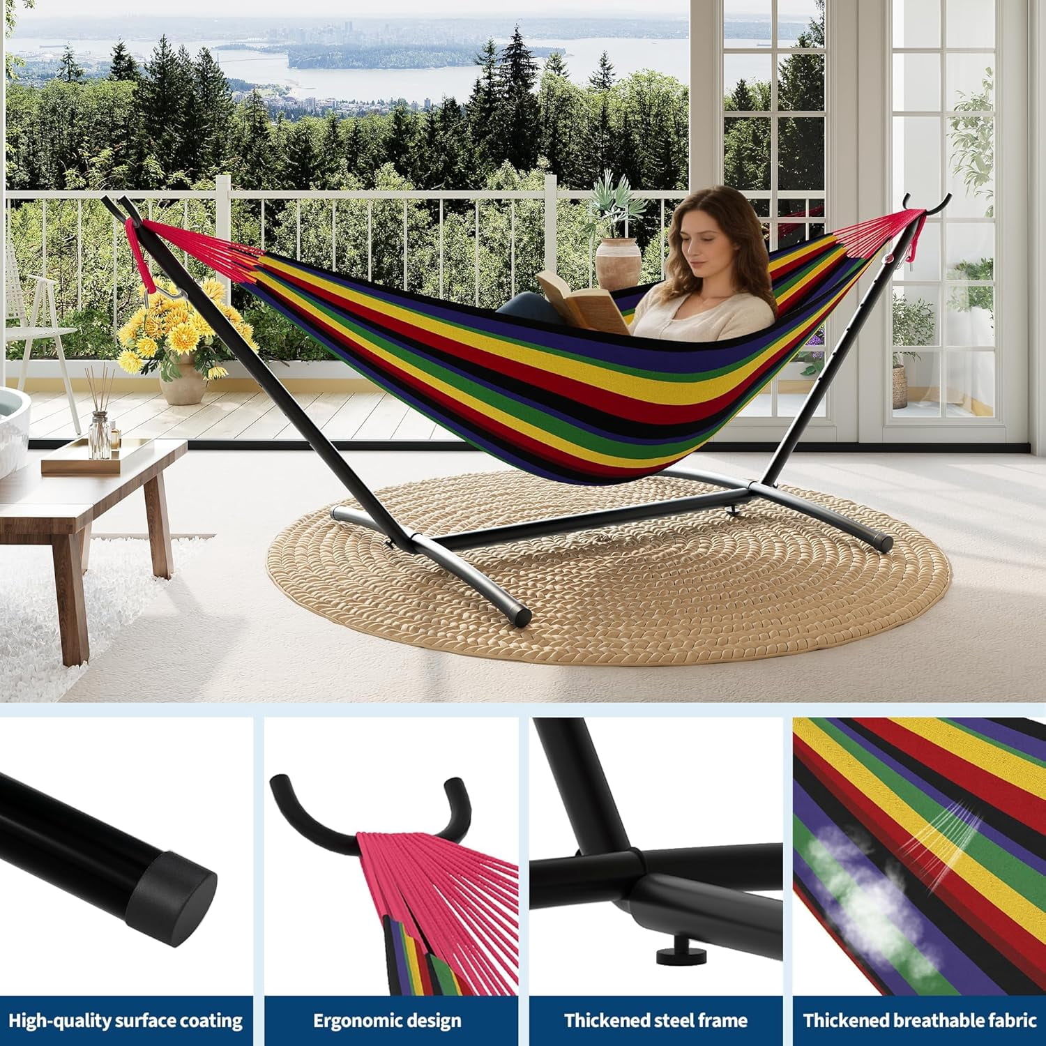 IdealHouse 2 Person Hammocks with Stand for Outside, Double Hammocks Portable Space Saving Heavy-Duty Steel Stand for Indoor Outdoor Patio with Carrying Bag, 450 lbs Capacity