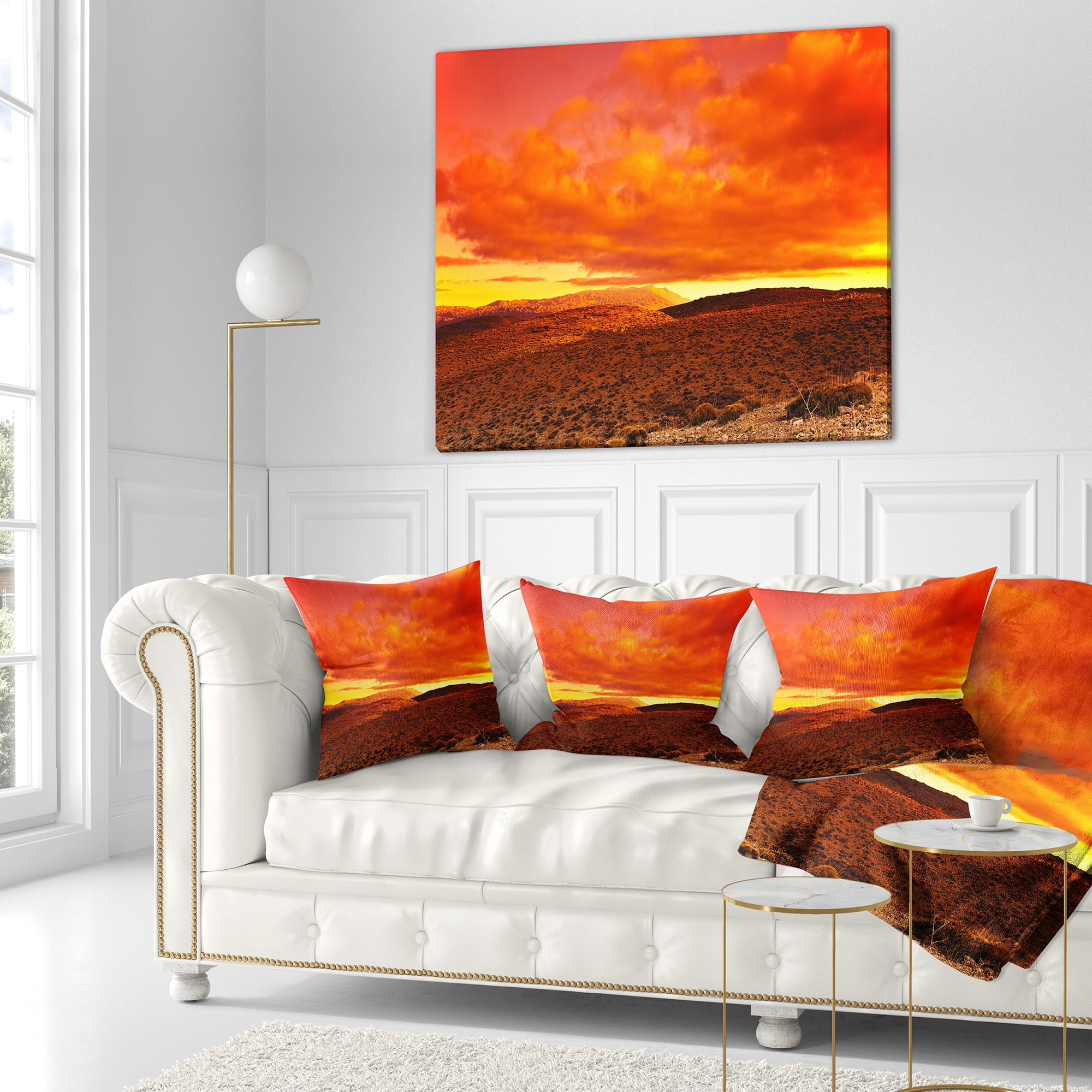Designart Dramatic Red Sunset at Desert - Landscape Printed Throw Pillow - 18x18