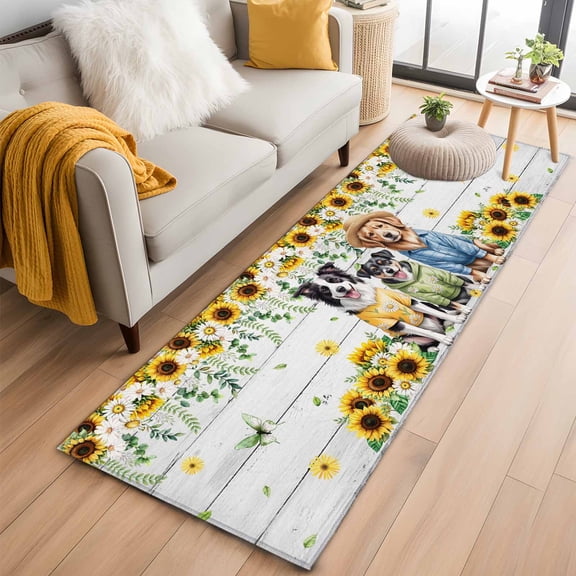 2'x6' Rug Runners for Hallways Kitchen, Spring Dog Non Slip Entryway Beside Floor Carpet Runner, Sunflower Daisy Botanical Vintage Washable Laundry Room Bedroom Throw Rugs Mat for Family Pet