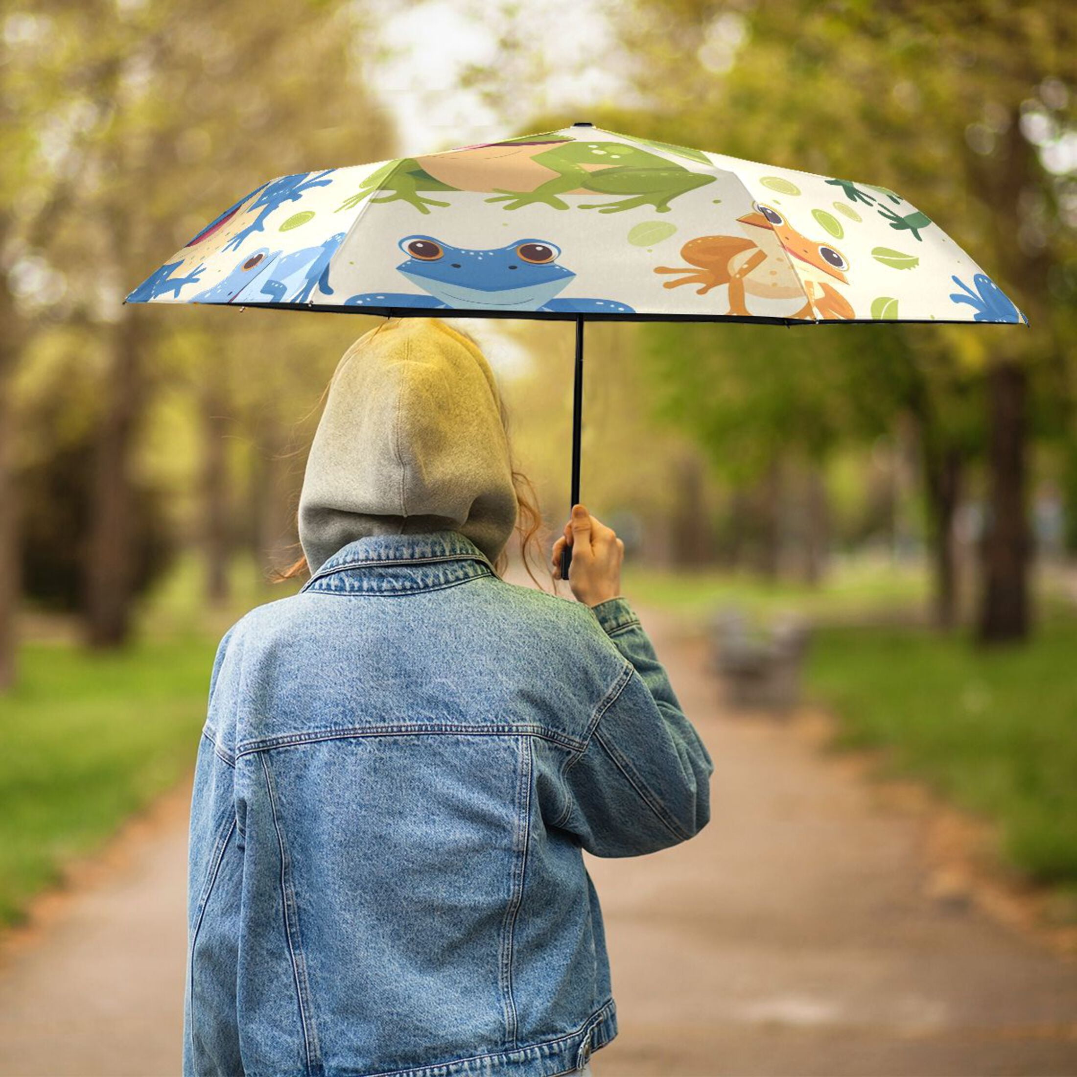 Cartoon Animals Frogs Compact Sun Umbrella Windproof Travel Umbrellas for Rain Strong Portable UV Protection
