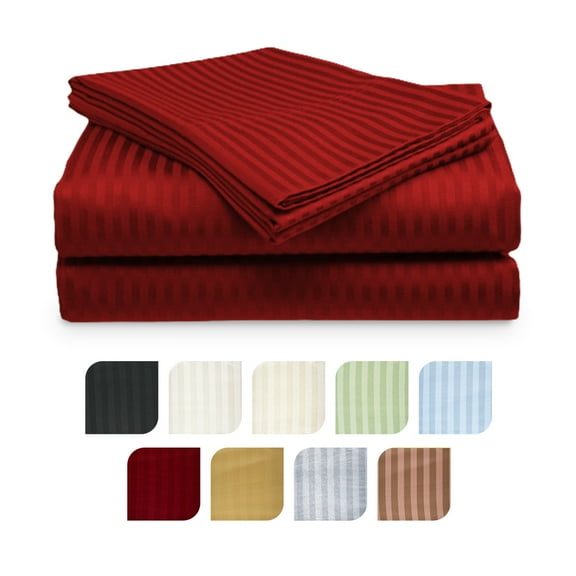 Deluxe Hotel 300 TC 100% Cotton, Luxury Dobby Stripe Bed Sheets Set, Queen, Burgundy, 4 Piece