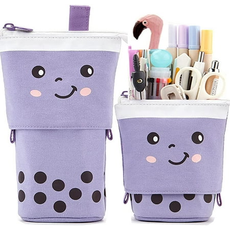 Cute Pen Pencil Telescopic Holder Pop Up Stationery Case, Stand-up Transformer Bag with Smile Face Dot Organizer, Great for Cosmetics Pouch Makeup BagC