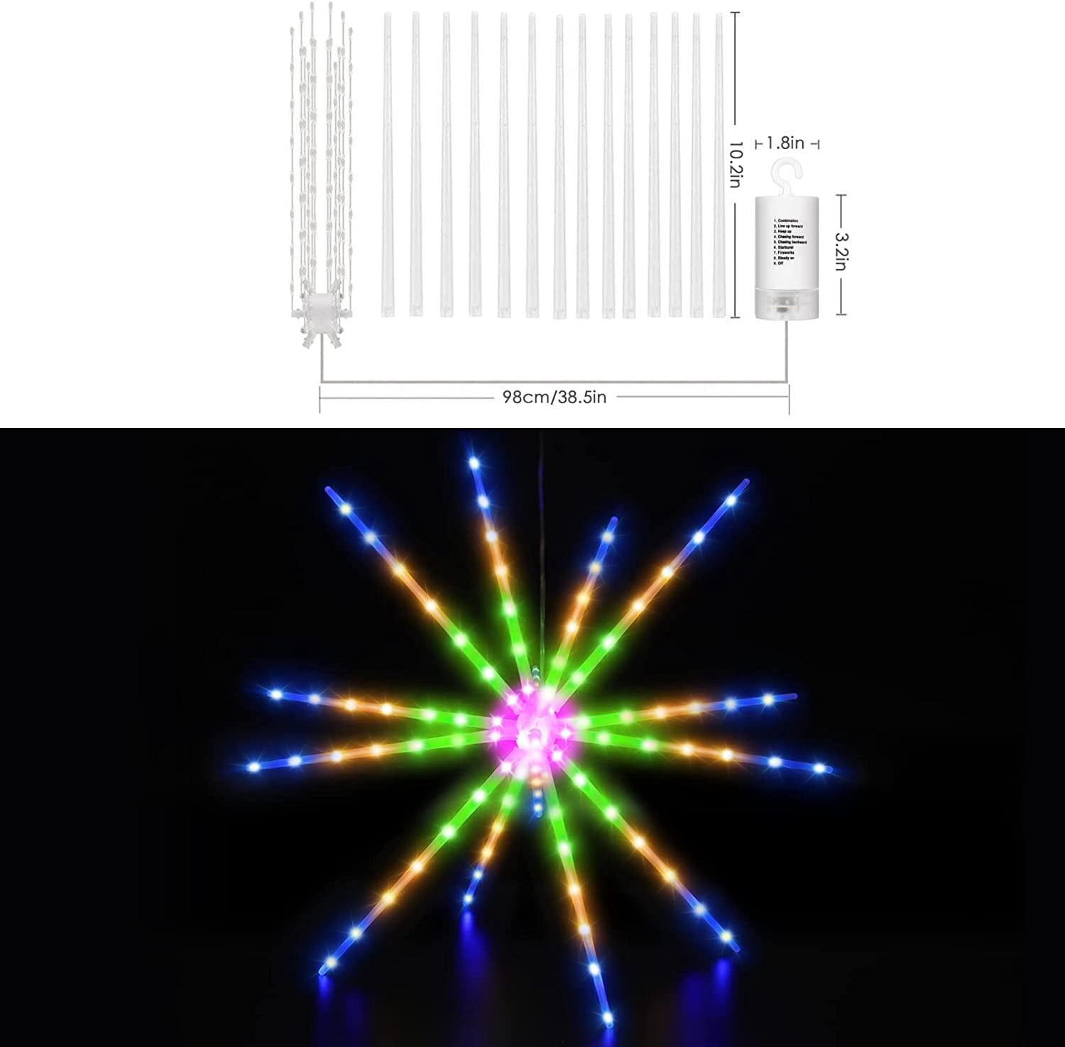 Hanging Firework Lights 2 Pack, Starburst Lights with Timer Remote Control, Battery Powered Decorative Lights