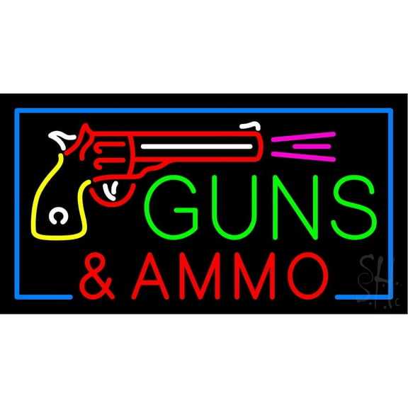 Guns And Ammo LED Neon Sign 20 x 37 - inches, Black Square Cut Acrylic Backing, with Dimmer - Bright and Premium built indoor LED Neon Sign for Defence Force.