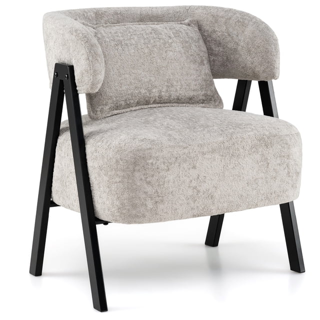 Costway Faux Rabbit Fur Upholstered Armchair w/Lumbar Pillow & Metal Legs Gray