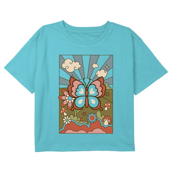 Girl's Lost Gods Retro Butterfly Tarot Card Graphic Cropped T-Shirt Blue Medium