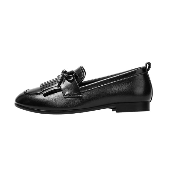 Shrysg Women's Round Toe Loafers with Bow and Tassel Breathable Faux Leather Slip-On Shoes for Office Casual Wear Black