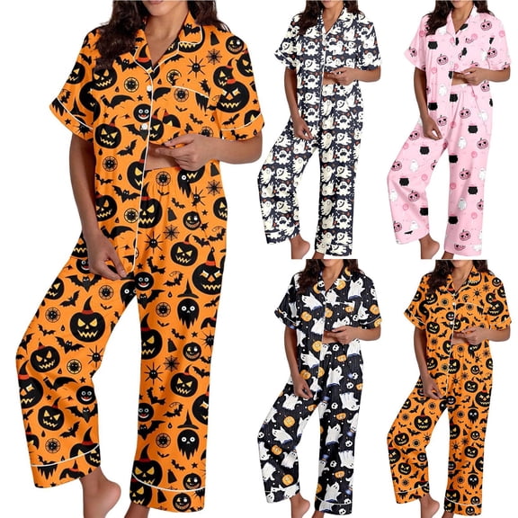 SAZBJOJN Halloween Pajamas Women Halloween Printed Pajama Set 2 Piece Long Sleeve Top & Pants Soft Sleepwear Loungewear Cute Pattern PJs for Halloween Party Nightwear White S