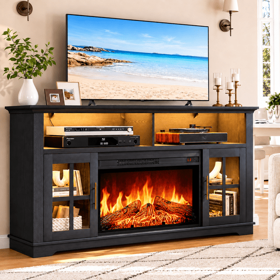 UHOMEPRO 63 Inch Electric Fireplace TV Stand for TVs up to 70 Inch, Fireplace Entertainment Center with 30 Inch Fireplace, LED Lights, Modern TV Console Table for Living Room, Black
