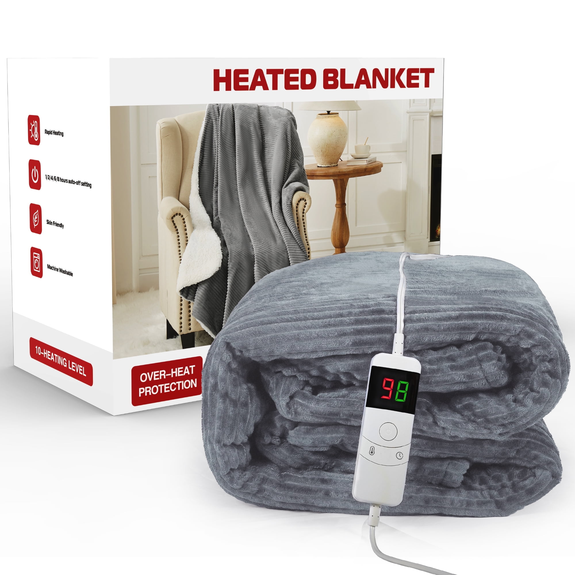 50"x60" Heated Electric Blanket Fast Heating Lap Flannel Blanket, 1/2/4/6/8 Hours Auto-off 10 Heat Level Winter Throw Blankets, Over-heat Protection Flannel Heater Throws, Machine Washable, Gray