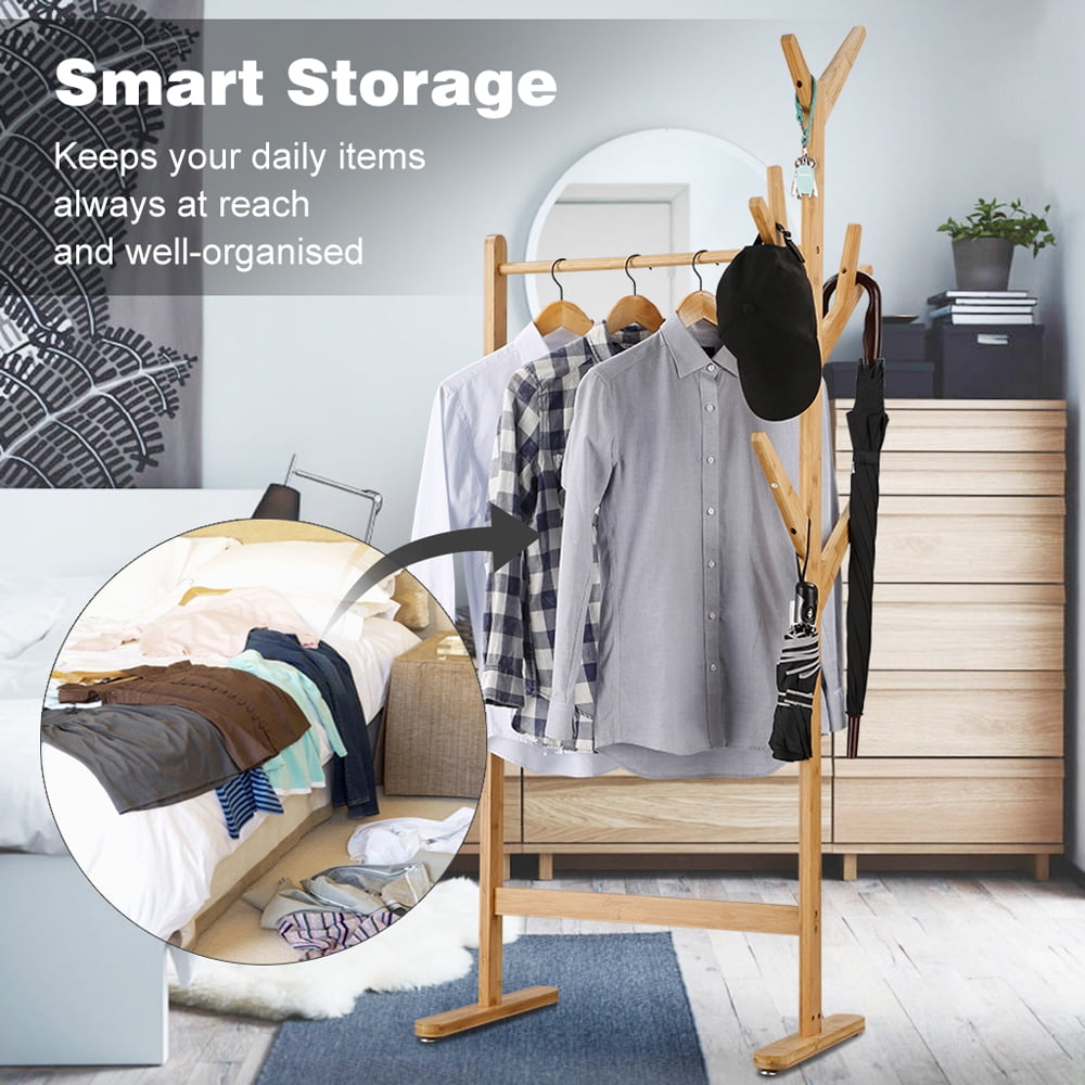 Oxkers Clothes Garment Rack – Wooden Coat Rack Stand with 8 Side Hooks, Single Rail, Holds up to 44 lbs, 25.6" W x 15.7" D x 67" H