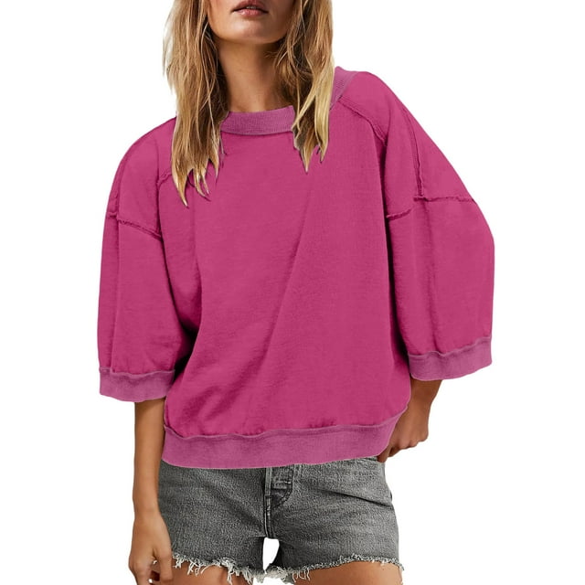 Wensltd Womens Sweatshirt 3/4 Sleeve Oversize Crewneck Loose White Tops